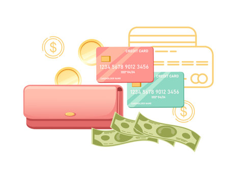 Pink wallet with dollars and credit cards e-commerce vector illustration on white background.のイラスト素材