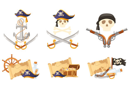 Set of pirate theme with ship skull and weapon vector illustration on white background.のイラスト素材