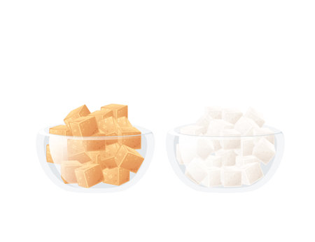 Two glass bowls with brown and white sugar cubes vector illustration isolated on white background.のイラスト素材