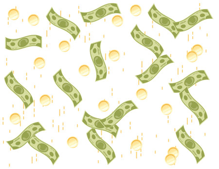Falling golden coins and dollar banknotes money rain vector illustration on white background.のイラスト素材