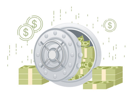 Armored steel safe with password lock silver color vector illustration on white background with dollars.のイラスト素材