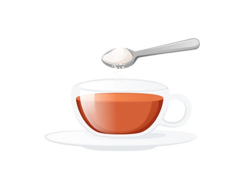 Glass cup with saucer with black tea and spoon drops sugar vector illustration isolated on white background.のイラスト素材