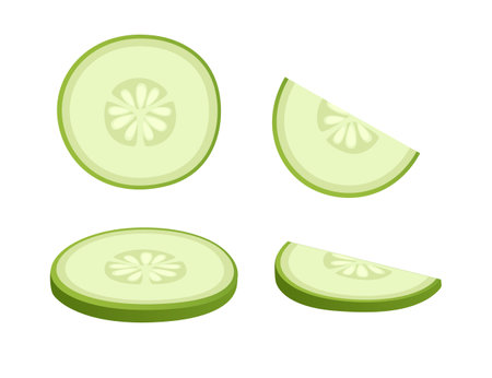 Bright green colored slice of cucumber vegetable fresh healthy food vector illustration isolated on white background.のイラスト素材