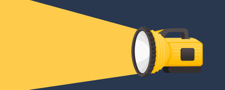 Modern flashlight emergency lamp with light beam vector illustration on dark background.のイラスト素材