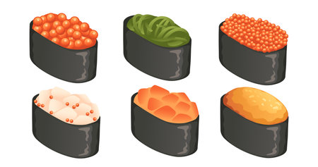 Sushi food with salmon and scallop traditional japanese food vector illustration isolated on white background.のイラスト素材