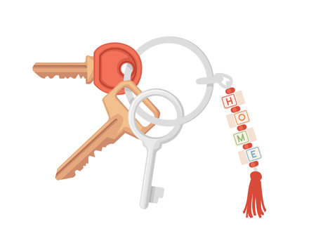 Steel ring home keychain with different keys vector illustration isolated on white background.のイラスト素材
