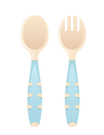 Baby plastic spoon fork for safety eating vector illustration isolated on white background.のイラスト素材