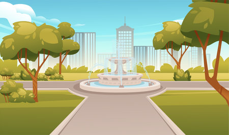 Spring or summer park landscape with trees fountain and modern city on background vector illustration.のイラスト素材