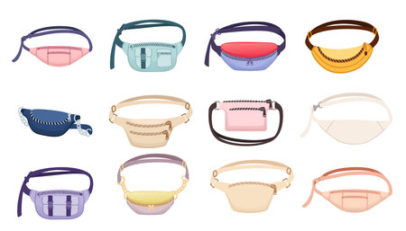 Set of stylish modern green color waist banana bag vector illustration isolated on white background.のイラスト素材