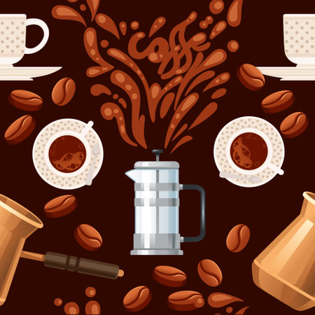 Seamless pattern coffee theme with french press coffee maker and cezve vector illustration on brown background.のイラスト素材
