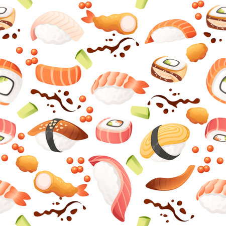 Sushi roll japan street fast food with seafood and rice salmon and cheese vector illustration on white background.のイラスト素材