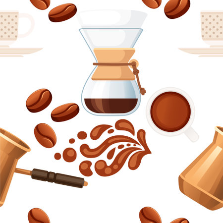 Seamless pattern coffee theme Drip Coffee Brewing with filter seeping and cezve vector illustration on white background.のイラスト素材