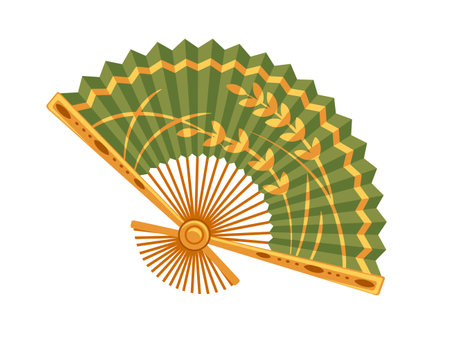 Classic asian style wooden hand fan with colorful drawing pattern vector illustration isolated on white background.のイラスト素材