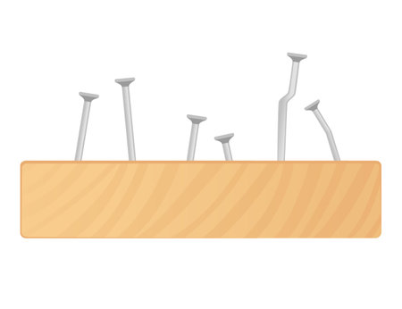 Steel nails in wooden plank vector illustration isolated on white background.のイラスト素材