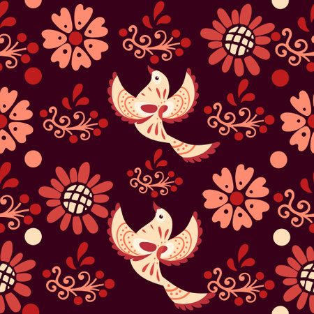 Seamless pattern with stylized small cartoon bird red pattern cute animal design vector illustration on white background.のイラスト素材