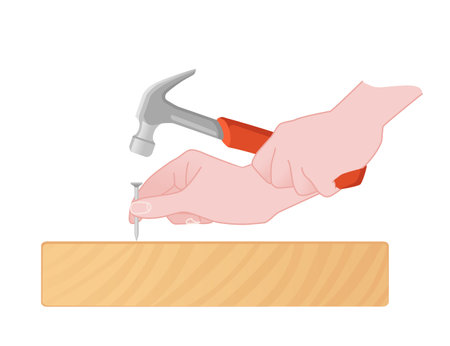 Using steel hammer to hammer a nail in wooden plank vector illustration isolated on white background.のイラスト素材