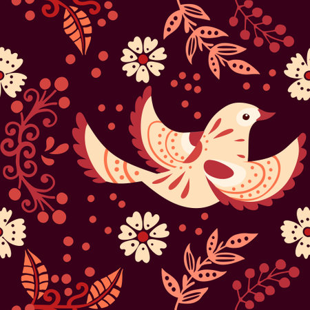 Seamless pattern with stylized small cartoon bird red pattern cute animal design vector illustration on white background.のイラスト素材