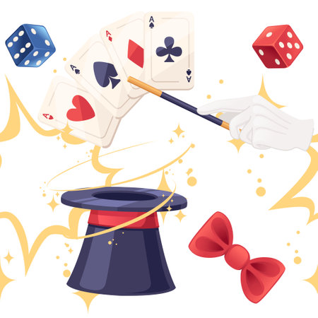 Seamless pattern Dark magic hat with playing dice and mask vector illustration on white background.のイラスト素材