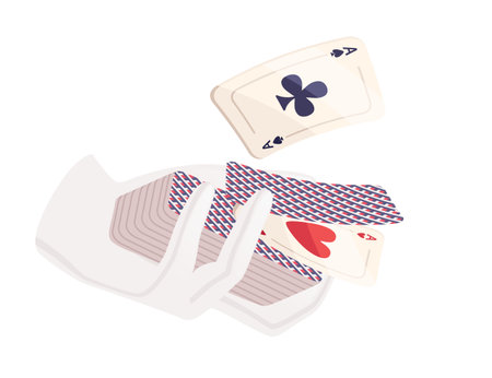 Hand in white gloves hold set cards vector illustration on white background.
