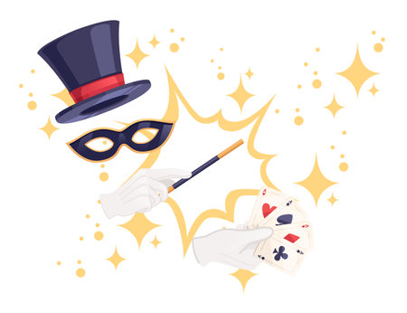 Dark magic hat with mask and hand hold magic wand vector illustration isolated on white background.のイラスト素材