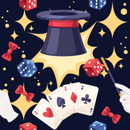 Seamless pattern Dark magic hat with playing dice vector illustration on dark background.のイラスト素材