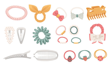 Set of hair pins and scrunchy hair accessory vector illustration isolated on white background.のイラスト素材