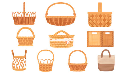 Set of handmade wooden basket with handle vector illustration isolated on white background.のイラスト素材