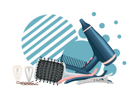 Blue color style hair brush for hair care plastic fashion comb and hair dryer vector illustration isolated on white background.のイラスト素材