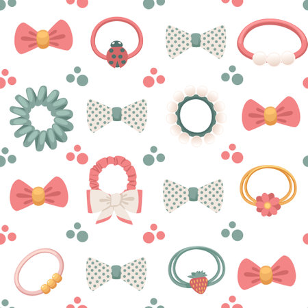 Seamless pattern of hair pins and scrunchy hair accessory vector illustration on white background.のイラスト素材