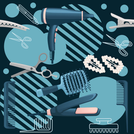 Seamless pattern Blue color hair brush for hair care plastic fashion comb vector illustration on dark background.のイラスト素材