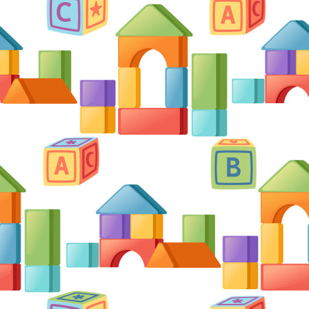 Seamless pattern of baby toys colored plastic bricks for building and abc cube vector illustration on white background.のイラスト素材