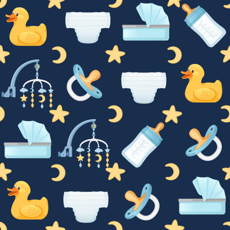 Seamless pattern of items for baby care carriage milk bottle and toys vector illustration on dark background.のイラスト素材