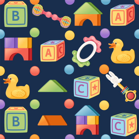 Seamless pattern of baby toys colored plastic bricks for building abc cube pyramid and rubber toys vector illustration on dark background.のイラスト素材