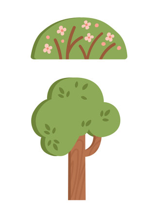 Wooden flat tree and bush decoration for theater vector illustration isolated on white background.のイラスト素材