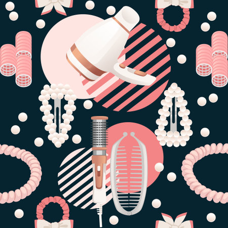 Seamless pattern pink color hair brush for hair care plastic fashion comb vector illustration on dark background.のイラスト素材
