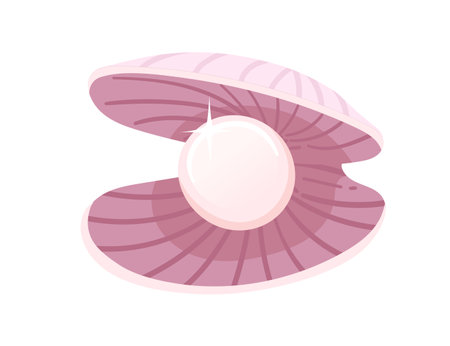 Opened pink clam with pearl inside seashell vector illustration isolated on white background.のイラスト素材