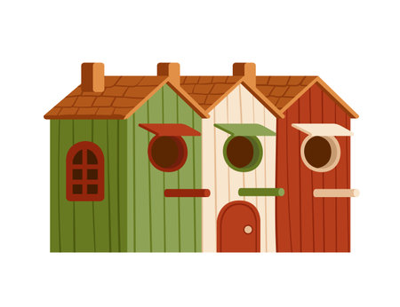 Bunch of wooden birdhouse with roof and hole vector illustration isolated on white background.のイラスト素材