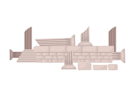 Ancient temple ruin with broken column roman and greek architecture marble stones vector illustration isolated on white background.のイラスト素材