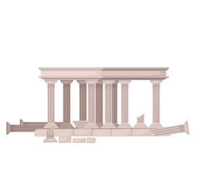 Ancient temple ruin with broken column roman and greek architecture marble stones vector illustration isolated on white background.のイラスト素材