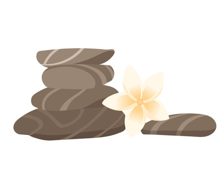 Spa stone. Zen rock vector. Massage isolated. Black stack. Pebble balance icon on white background with bambo leaf. Relax smooth hot Spa stones. Realistic stability zen rock beauty. Wellness conceptのイラスト素材