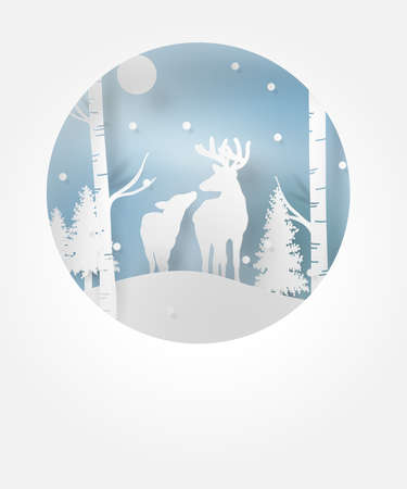 Deer in forest with snow in the winter season and christmas.vector paper art style.のイラスト素材