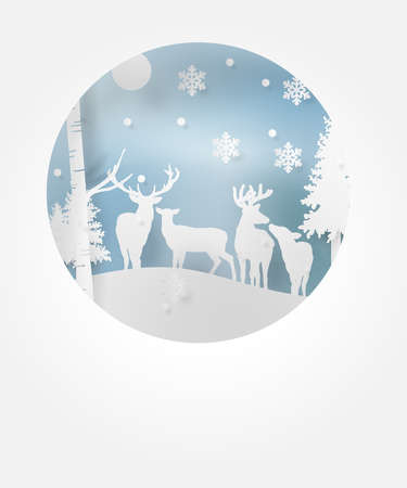 Deer in forest with snow in the winter season and christmas.vector paper art style.のイラスト素材