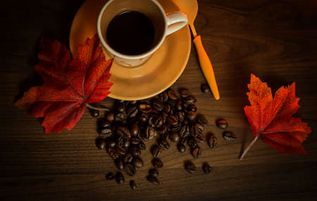 Autumn red leaf with coffe cupの写真素材