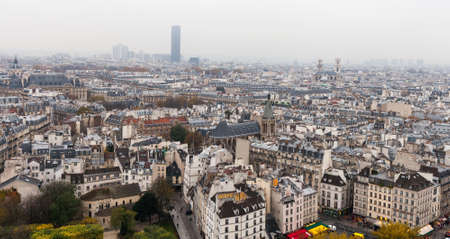 PARIS, FRANCE - NOVEMBER 29, 2013: Gargoyle of the Cathedral of Notre Dame de Paris overlooking...