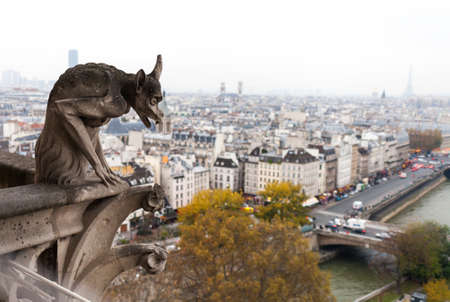 PARIS, FRANCE - NOVEMBER 29, 2013: Gargoyle of the Cathedral of Notre Dame de Paris overlooking Paris, Franceのeditorial素材