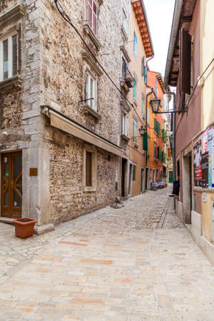 Narrow streets in Rovinj's medieval old town, Croatiaのeditorial素材