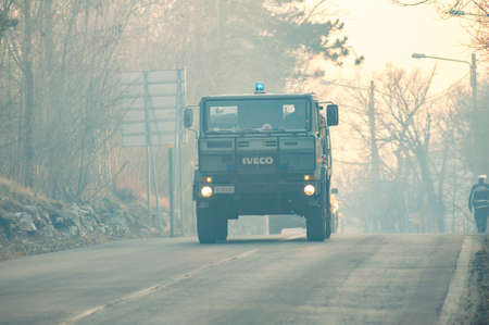 VILLA OPICINA,TRIESTE,ITALY - MARCH 6, 2013 - Civil protection of Friuli Venezia Giulia in action for extinguish a big fire in the forest.のeditorial素材