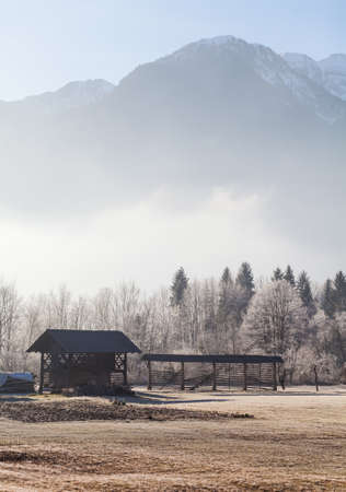 Bohinj morning sunrise with fog, Sloveniaの写真素材