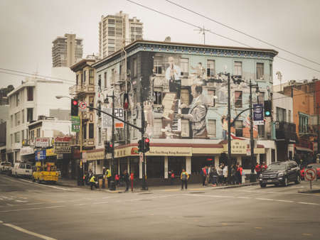 SAN FRANCISCO - JUNE 16 2015: China town main street on June 16, 2015 San Francisco, California. It's the only authentic Chinatown Gate in North America. TONED Image.のeditorial素材