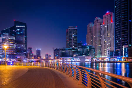 DUBAI, UAE - MAY 14: Futuristic buildings in Dubai Marina, Dubai, UAE. In the city of artificial channel length of 3 kilometers along the Persian Gulf, taken on 14 May 2014 in Dubai.のeditorial素材